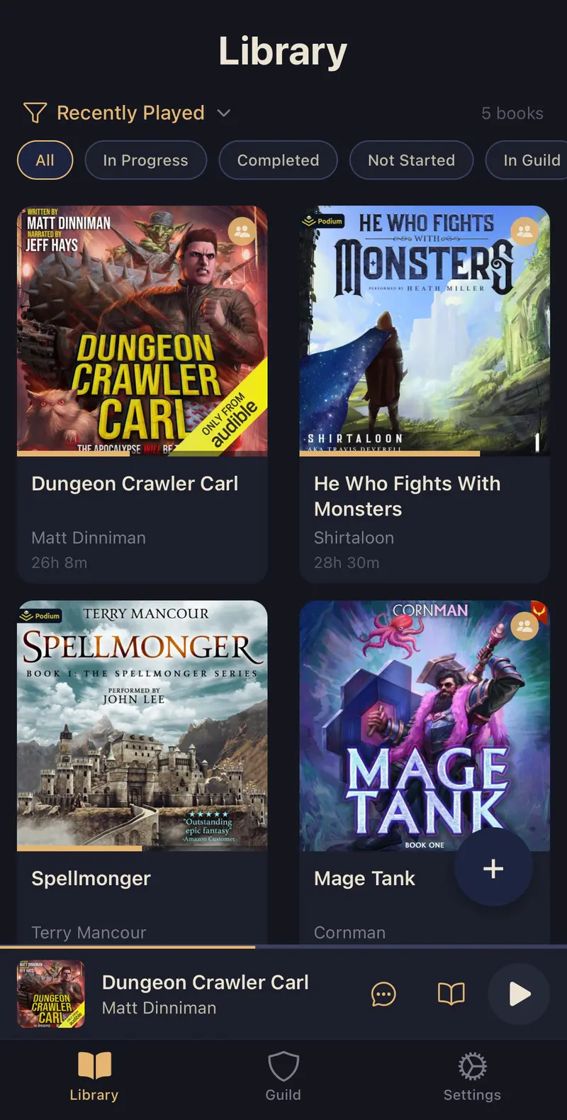 The personal library: imported audiobooks with cover art, progress, guild badges, and a mini player