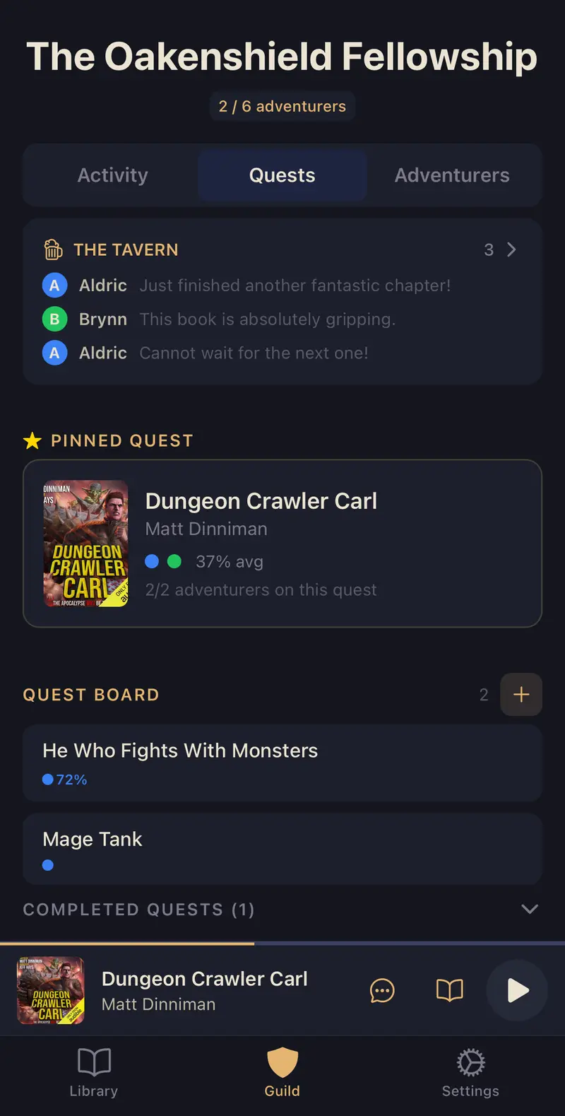A guild's quest board: pinned quest Dungeon Crawler Carl with per-member progress dots, tavern chat preview, and a queue of upcoming books