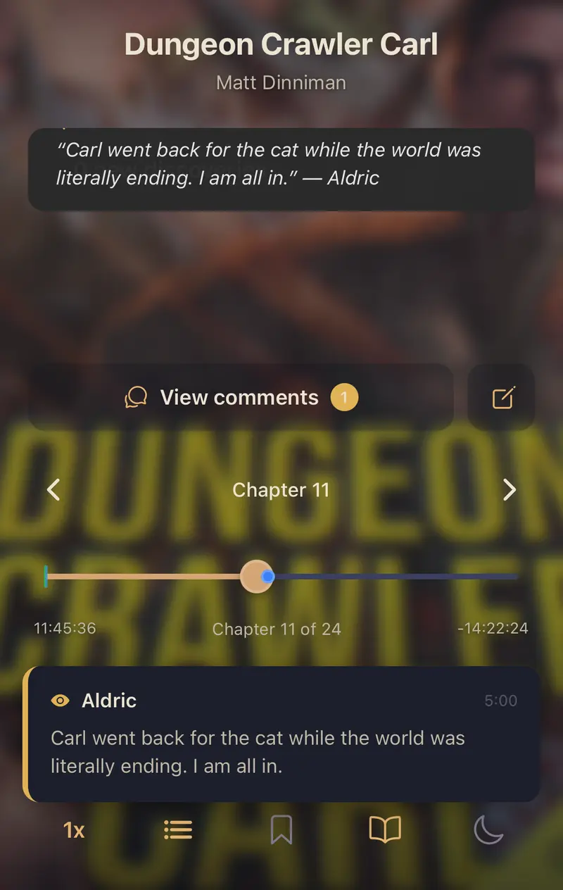 The Squabble Inn player the moment a guildmate's comment unlocks: a 'just unlocked' banner and Aldric's note at 5:00 appearing over Dungeon Crawler Carl