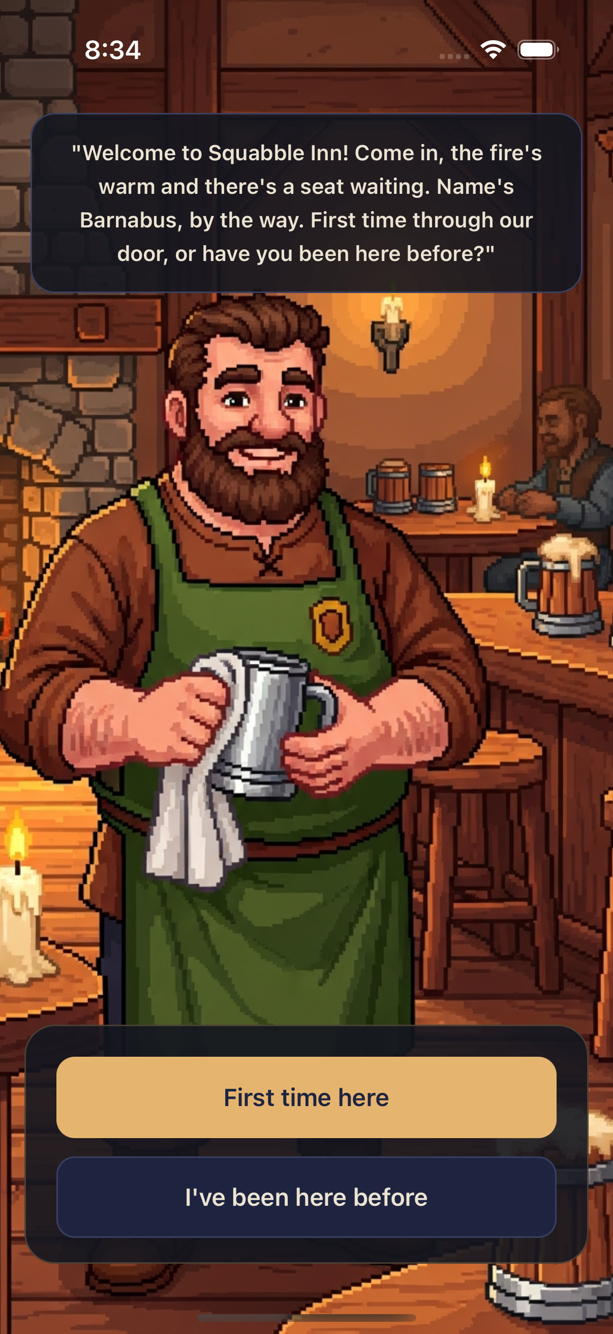 Squabble Inn landing screen with First time here and I've been here before buttons