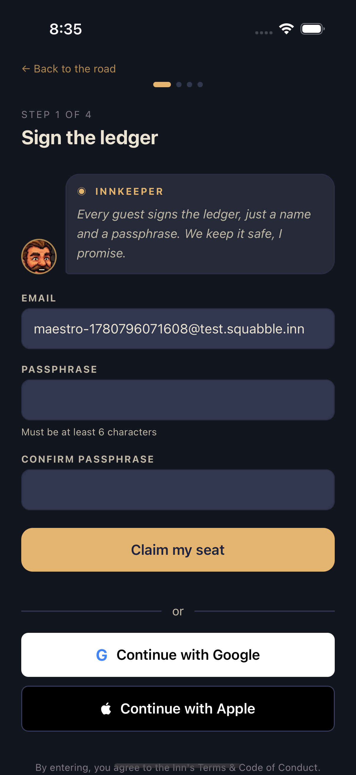 Squabble sign-up form with email and passphrase fields, a Claim my seat button, and Continue with Google and Continue with Apple buttons below it
