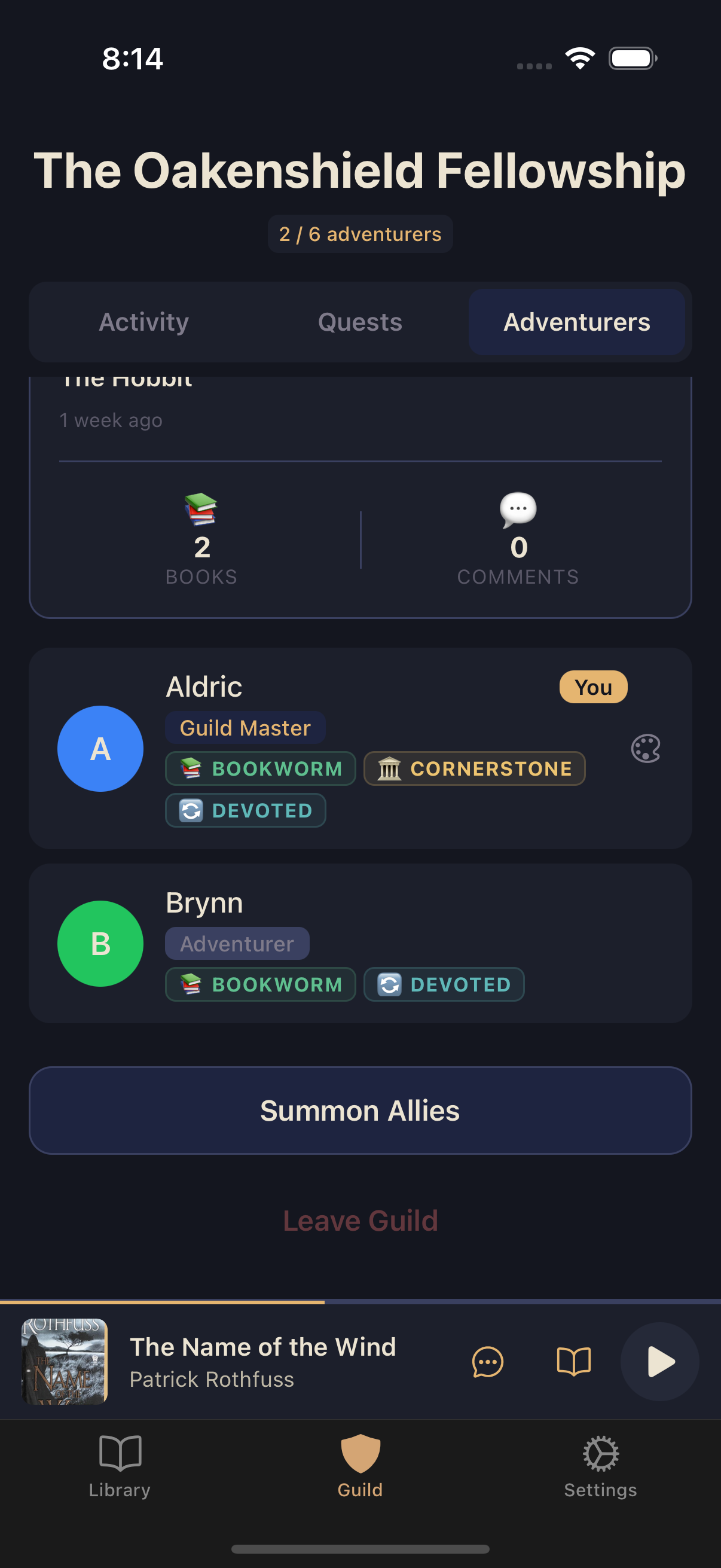 A guild's Adventurers tab showing two members with roles and earned title badges, plus Summon Allies and Leave Guild buttons