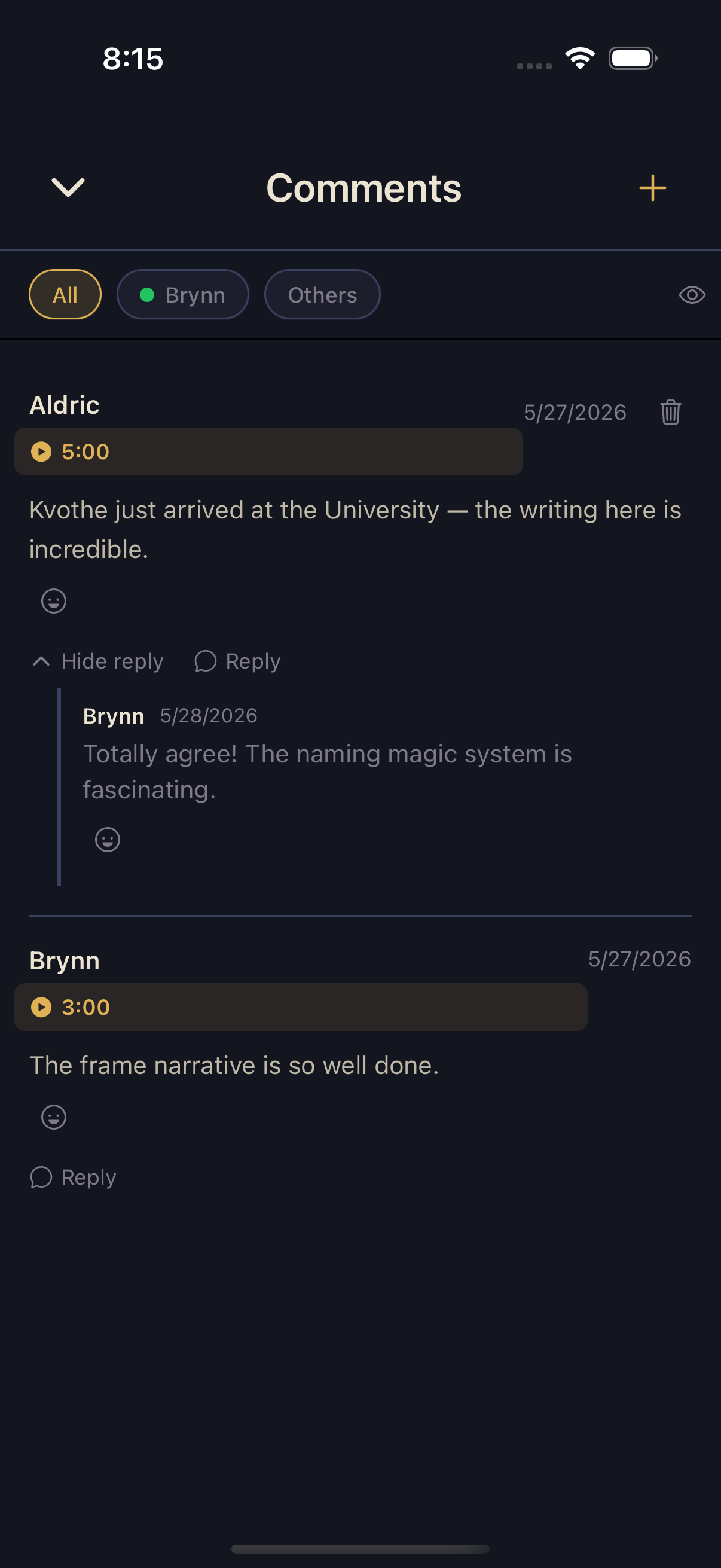 A comment thread showing timestamped comments with audio clip play buttons, a threaded reply, and emoji reaction icons under each comment