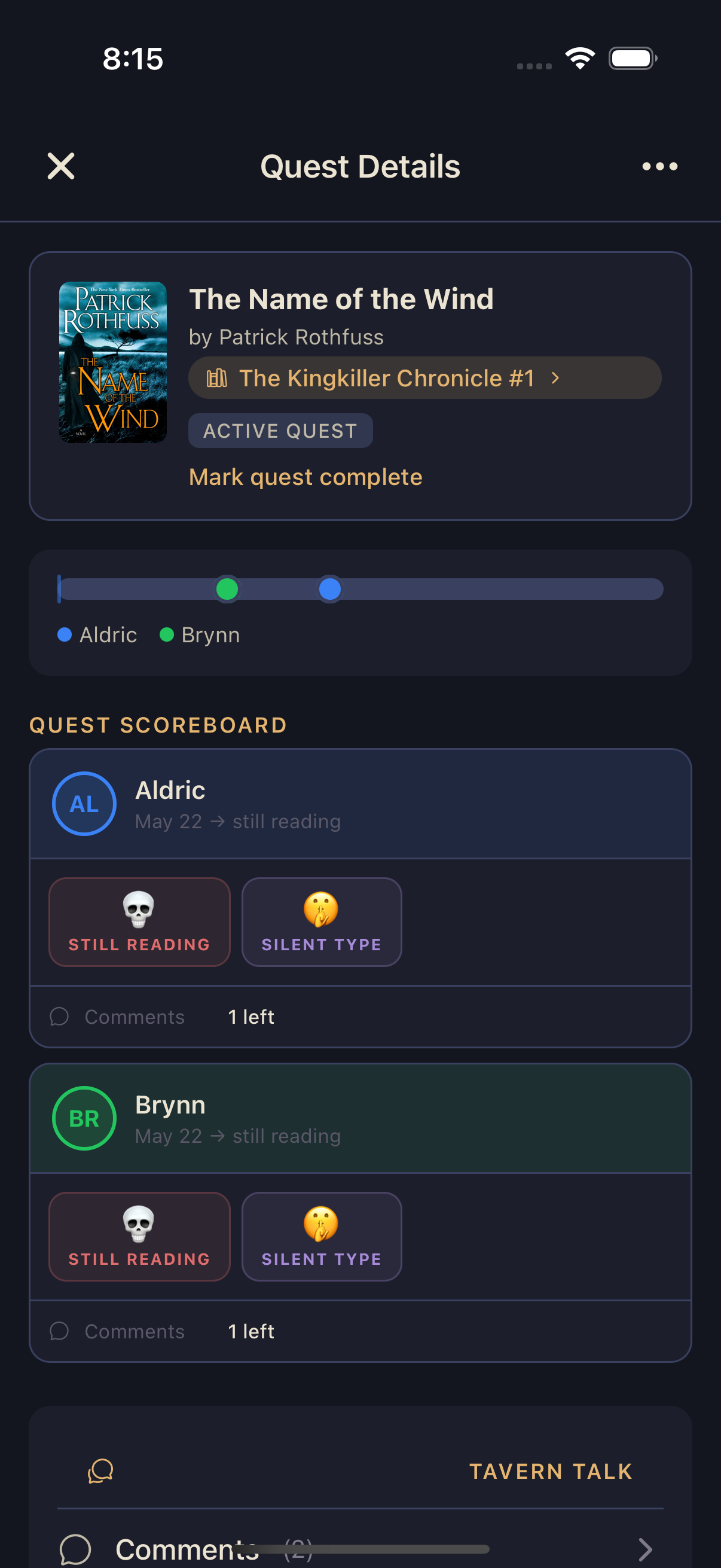 A quest detail view showing the book, a guild progress bar with two member markers, and a Quest Scoreboard listing each Adventurer's reading status