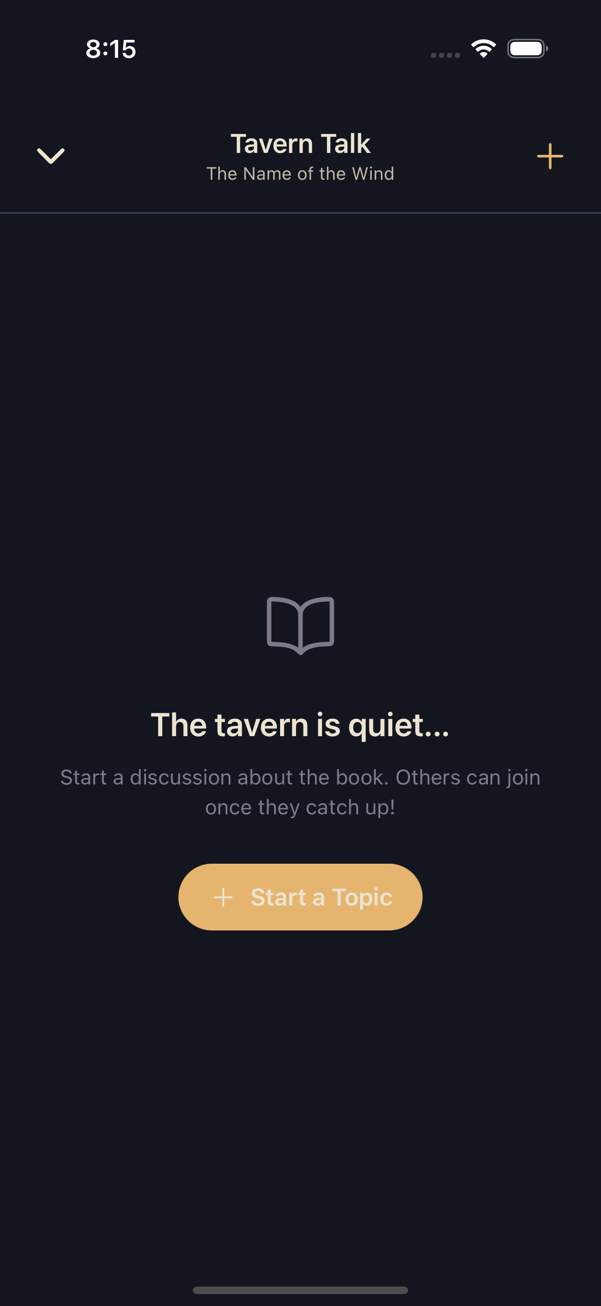 An empty Tavern Talk screen for a book reading The tavern is quiet, with a Start a Topic button