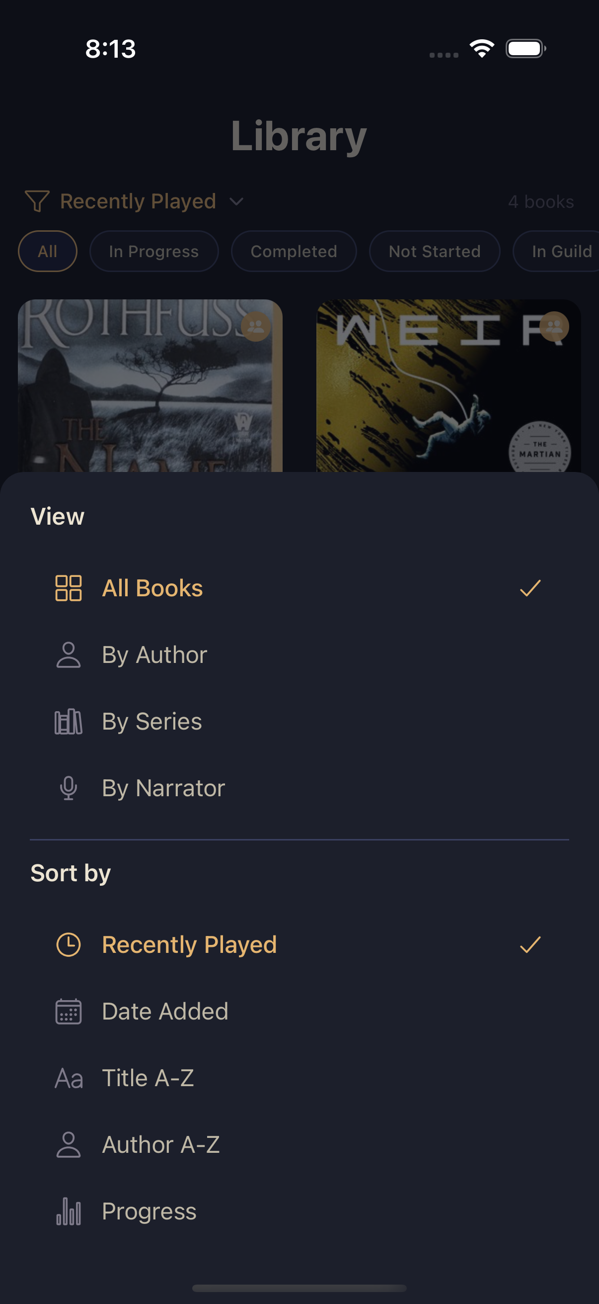 The view and sort menu, showing By Author, By Series, and By Narrator grouping options plus sort-by choices