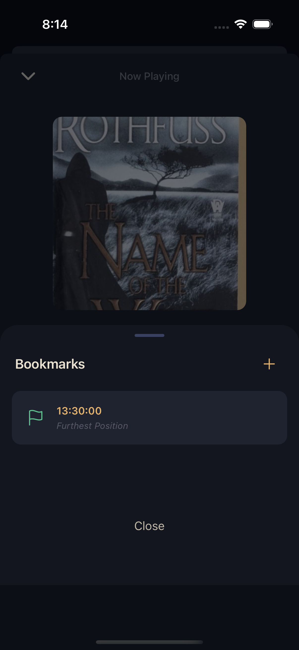 Bookmarks sheet showing a single Furthest Position marker and an add button