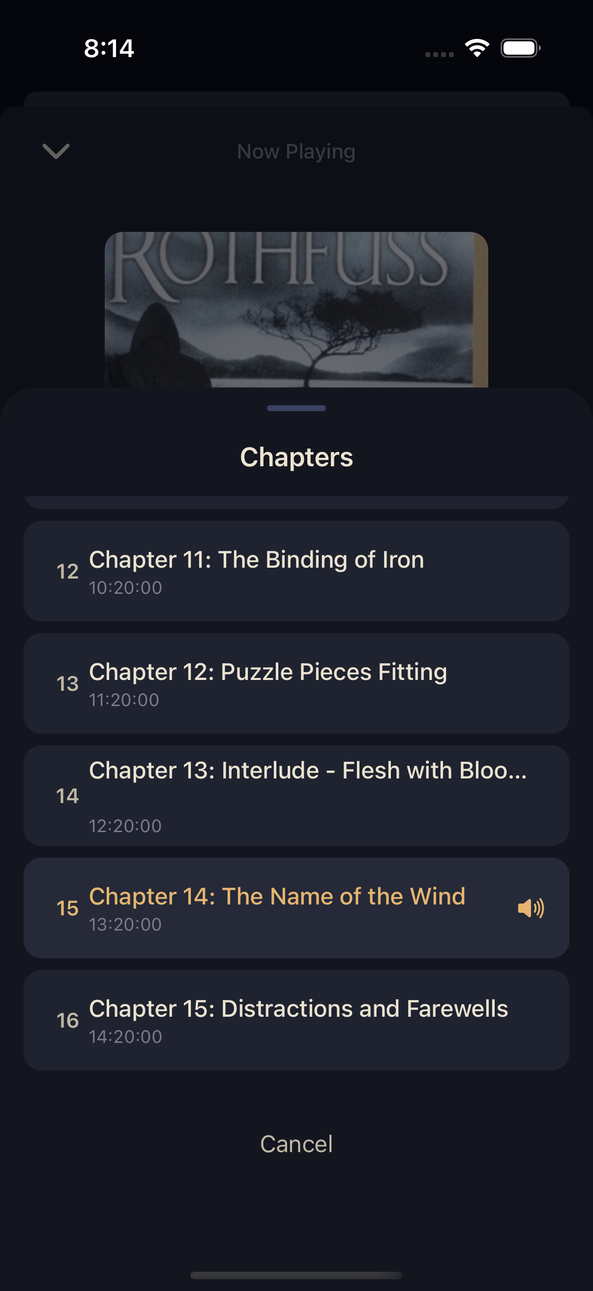 Chapters sheet showing a numbered list of chapters with start times and the current chapter highlighted
