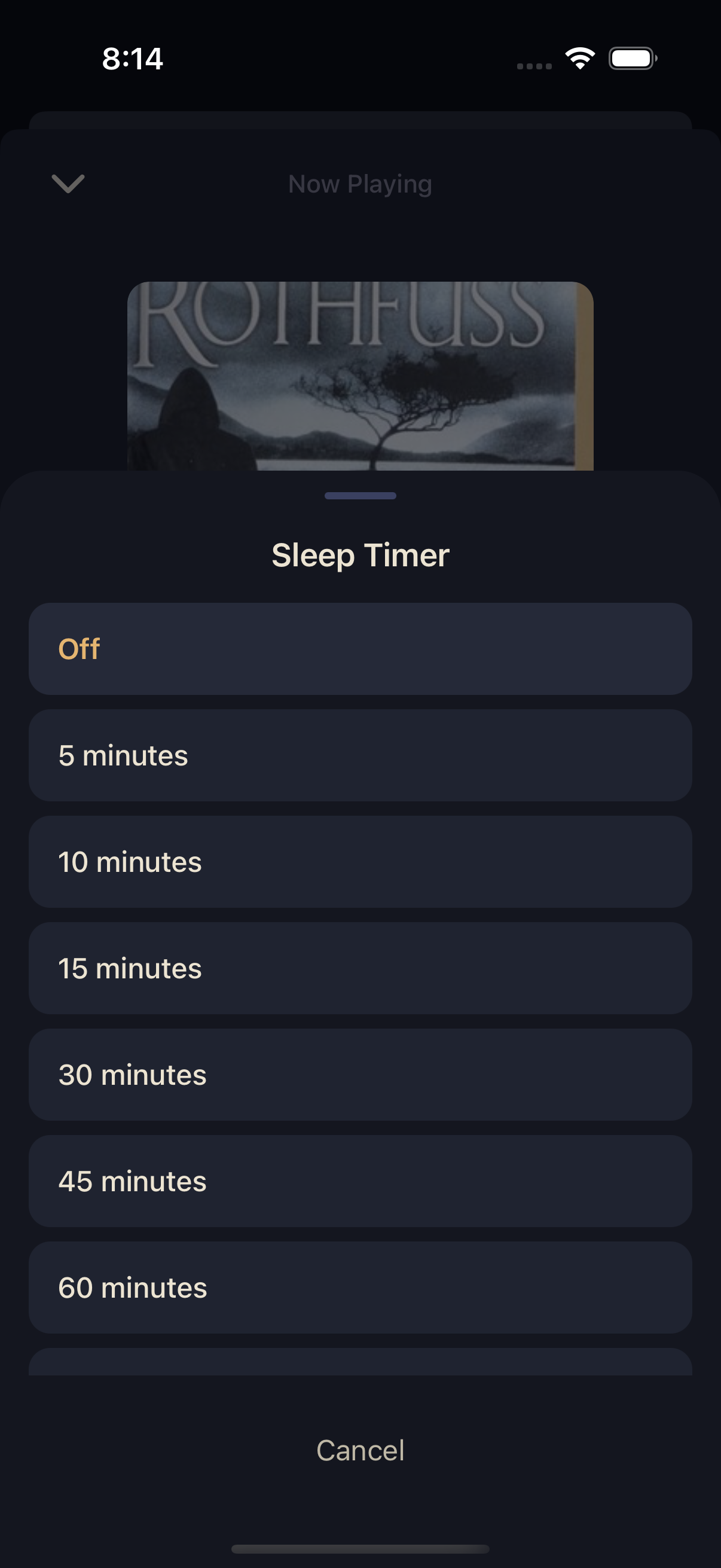 Sleep Timer sheet showing Off, 5 through 60 minute options, and Cancel
