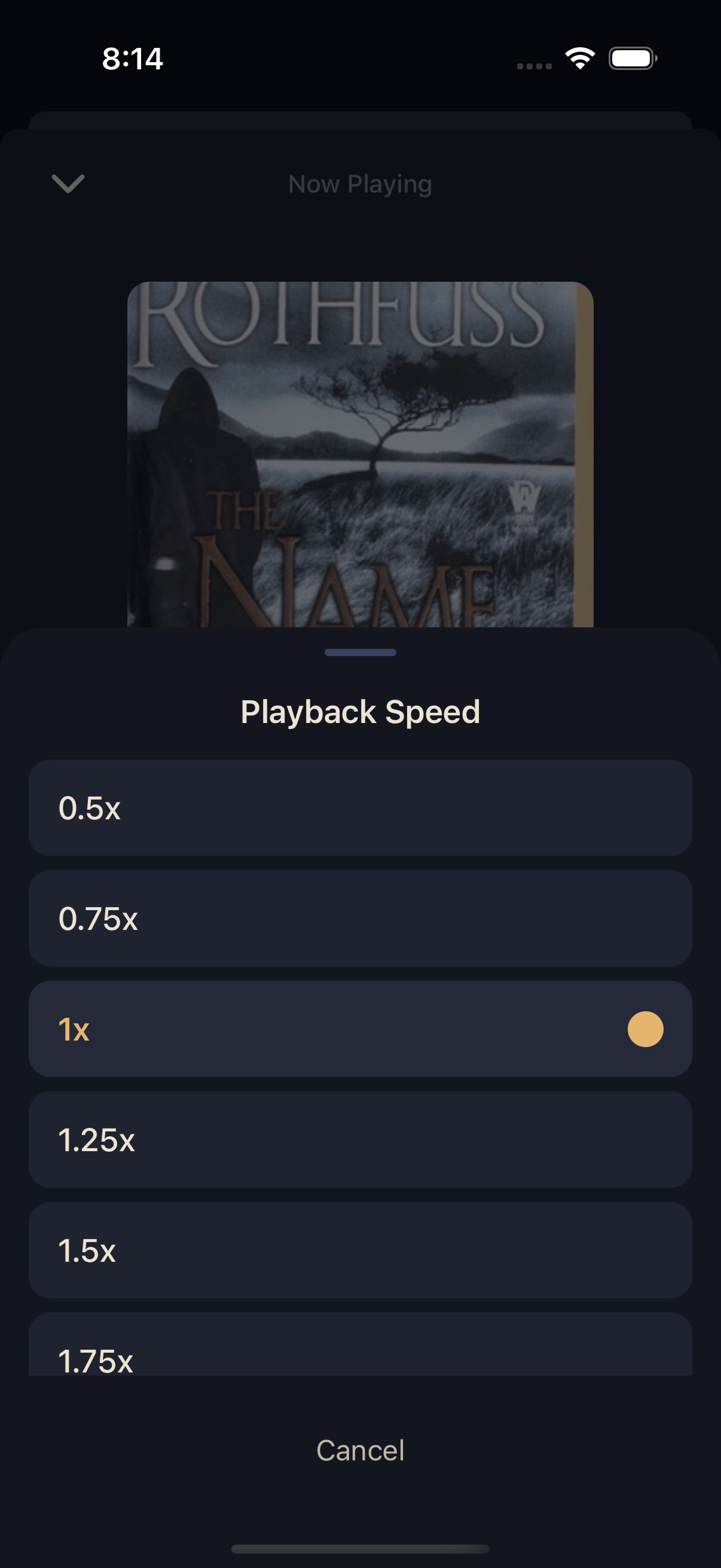 Playback Speed sheet showing preset speeds from 0.5x to 1.75x with 1x currently selected