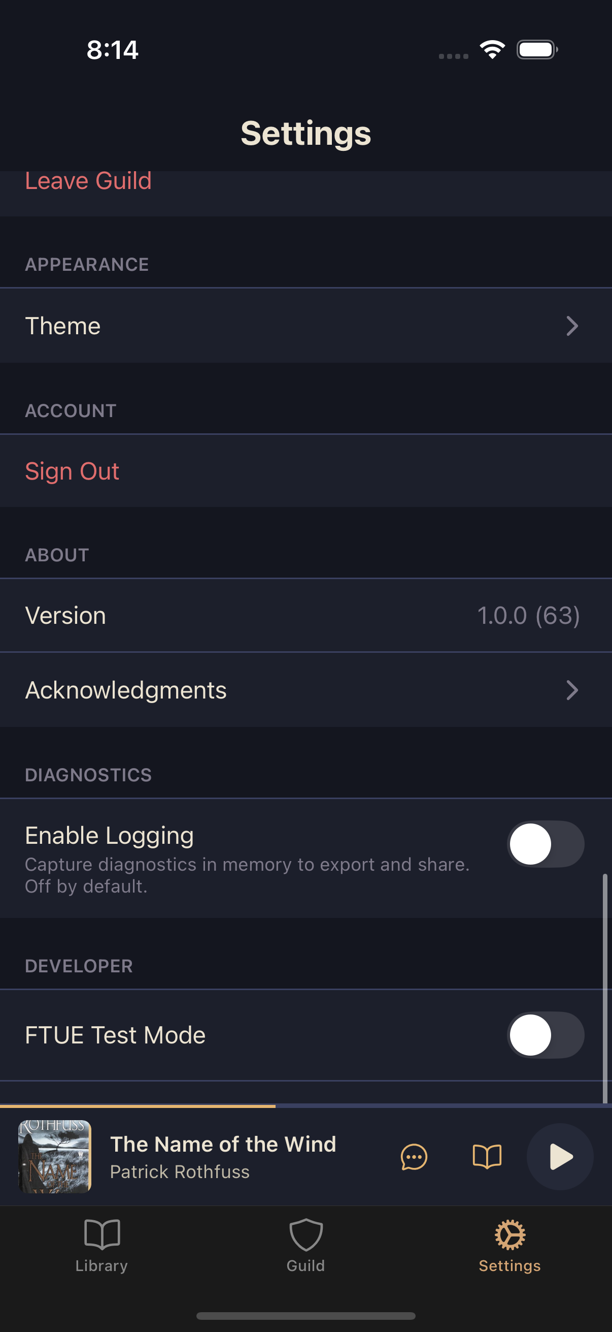 Settings screen showing Guild management, Appearance, Account, and About sections